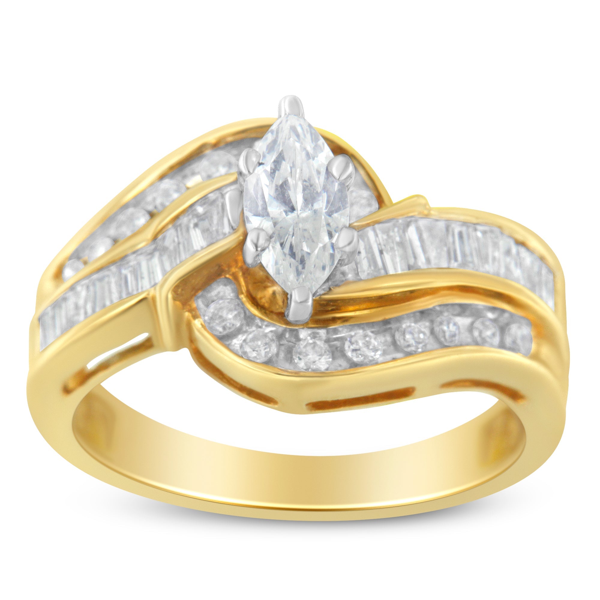 14KT Two-Toned Gold Marquise, Baguette and Round Cut Diamond Bypass Ring (1 cttw, H-I Color, SI1-SI2 Clarity) (Size 7)
