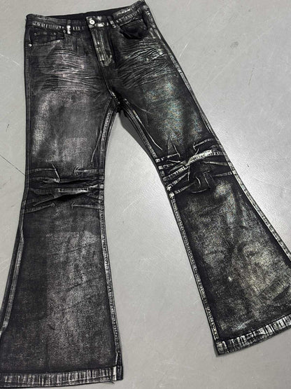 Two-color Bronzing Brush Wax Wash Distressed Micro-elastic Horn Jeans For Men