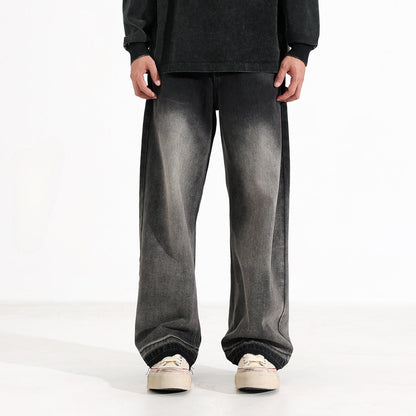 American-style Heavy Washed Black And Gray Straight Jeans Men's Loose Wide Leg Casual Trousers