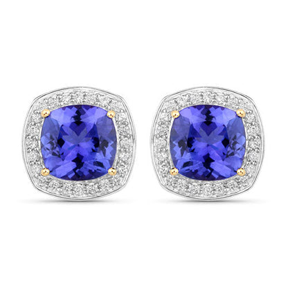 5.98 Carat Genuine Tanzanite and White Diamond 14K Yellow Gold Earrings