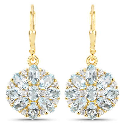 18K Yellow Gold Plated 4.58 Carat Genuine Blue Topaz and White Topaz .925 Sterling Silver Earrings