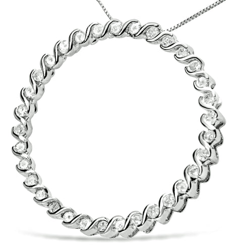 .925 Sterling Silver 3/4 Cttw Round Diamond Spiral Curved Circle Pendant 18" Necklace (I-J Color, I3 Clarity)