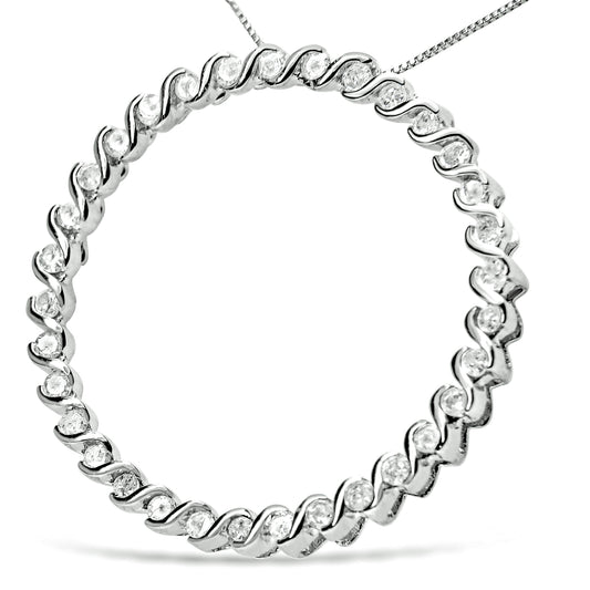 .925 Sterling Silver 3/4 Cttw Round Diamond Spiral Curved Circle Pendant 18" Necklace (I-J Color, I3 Clarity)