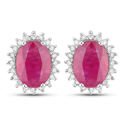 3.14 Carat Genuine Ruby and White Diamond 14K White Gold Earrings