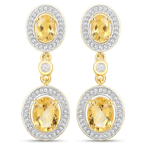 18K Yellow Gold Plated 5.70 Carat Genuine Citrine and White Topaz .925 Sterling Silver Earrings