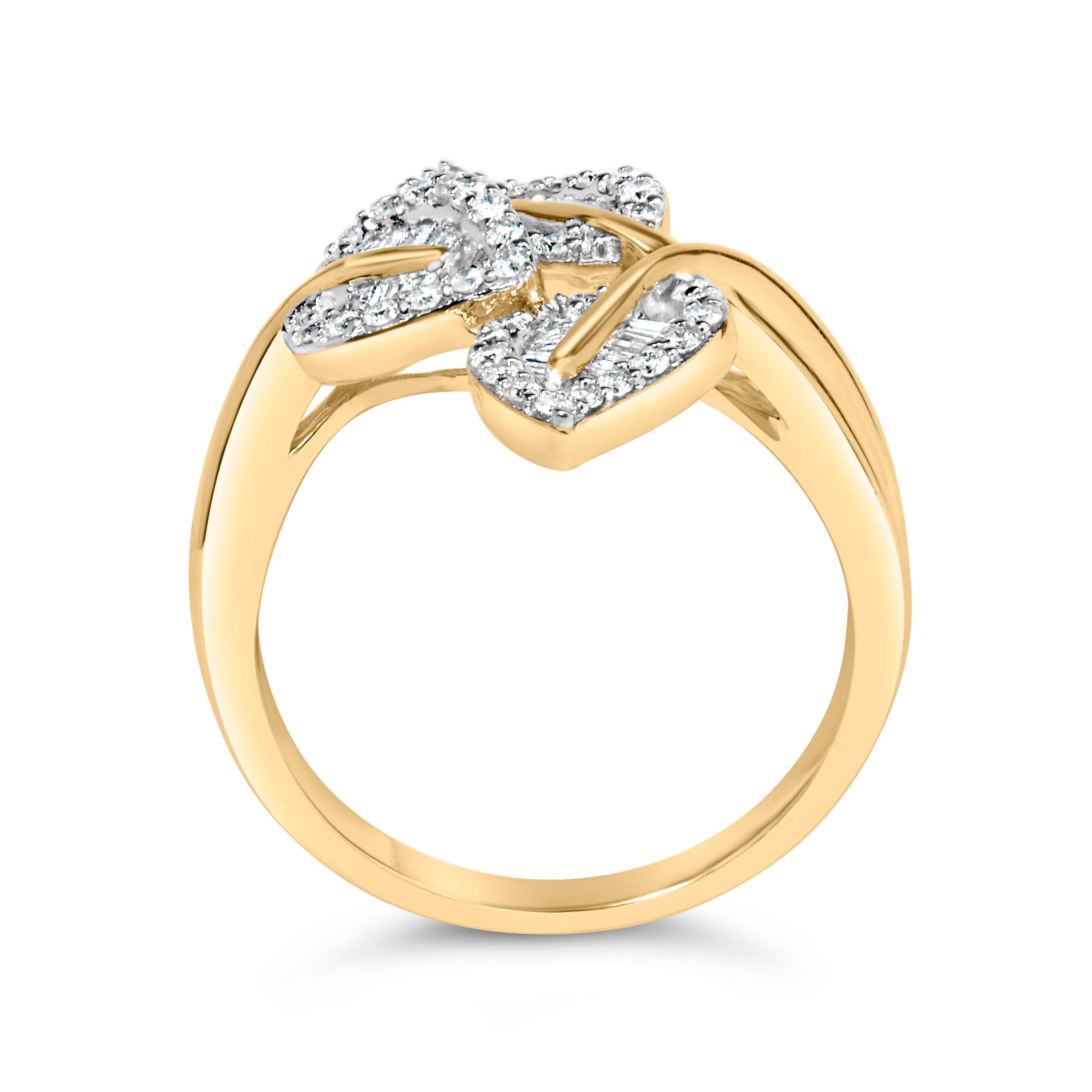 18K Yellow Gold Plated .925 Sterling Silver 1/2 Cttw Baguette and Round Diamond Bypass Triple Leaf Ring (I-J Color, I1-I2 Clarity) - Size 5