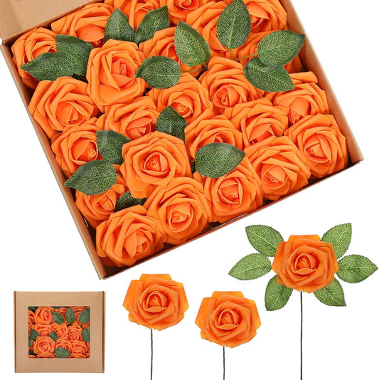 Artificial Foam Rose Flowers Vintage Fake Roses DIY Bouquets with Leaves and Stems for Wedding Bridal Shower Party Centerpieces Home Romantic Decor(Orange,25 Pieces)