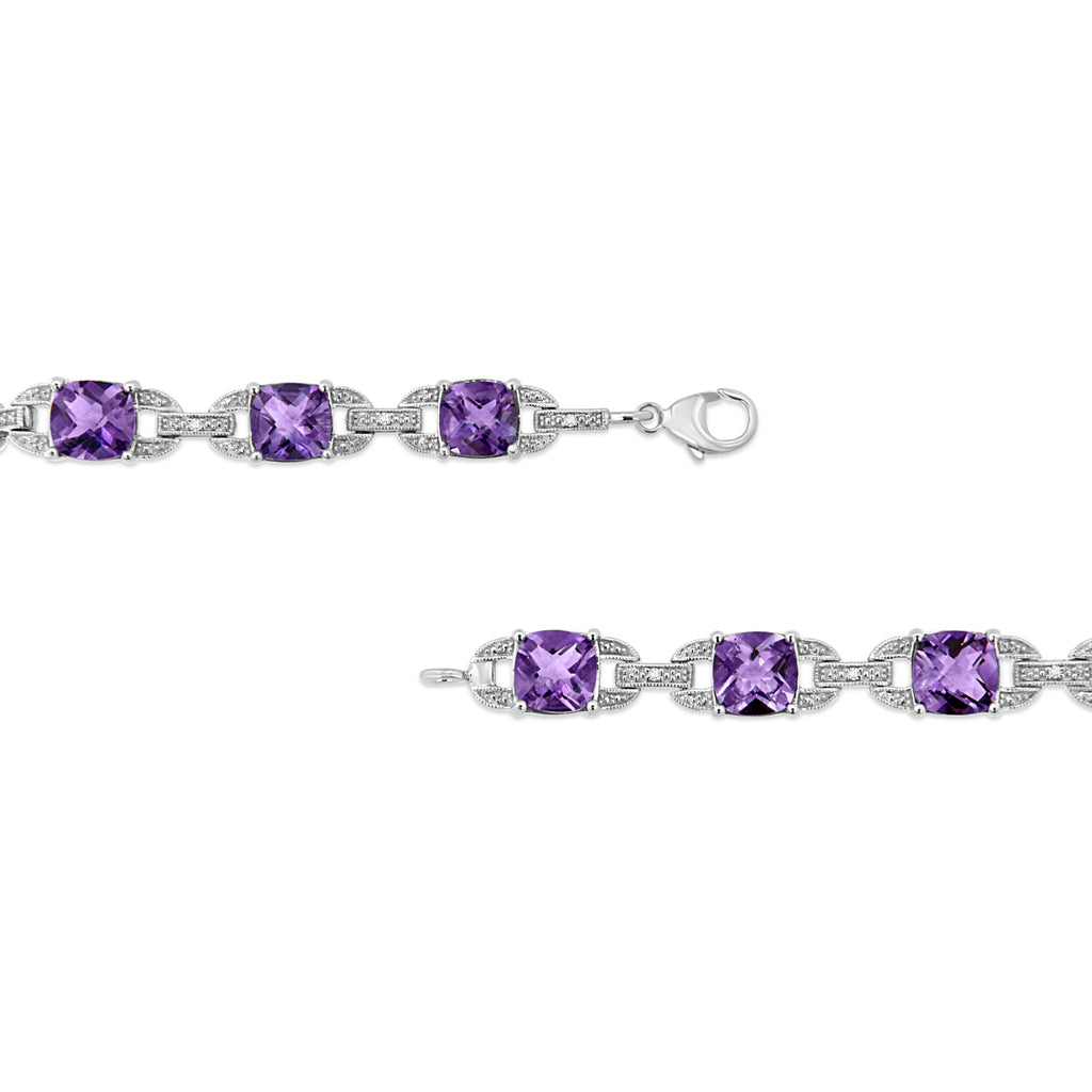 .925 Sterling Silver 7mm Cushion Cut Amethyst Gemstone and Diamond Tennis Link Bracelet (I-J Color, I1-I2 Clarity) - Size 7"