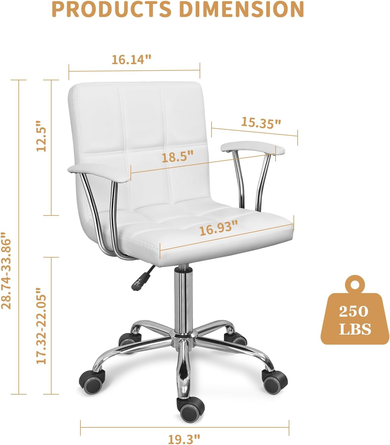 Home Office Desk Chair with Armrest and Wheels, Modern PU Leather Mid-Back Office Task Chair, Height Adjustable Swivel Computer Chairs for Home Office, White