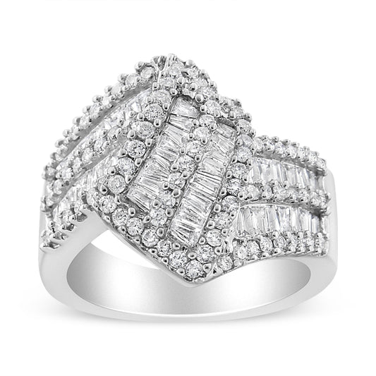14K White Gold 1-1/2 Cttw Round and Baguette Diamond Bypass Cocktail Ring Band (H-I Color, SI1-SI2 Clarity) - Size 7