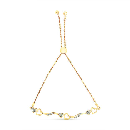 14K Yellow Gold Plated .925 Sterling Silver Diamond Accent Heart and Wave Link Bolo Bracelet (I-J Color, I2-I3 Clarity) - 6" to 9" Adjustable