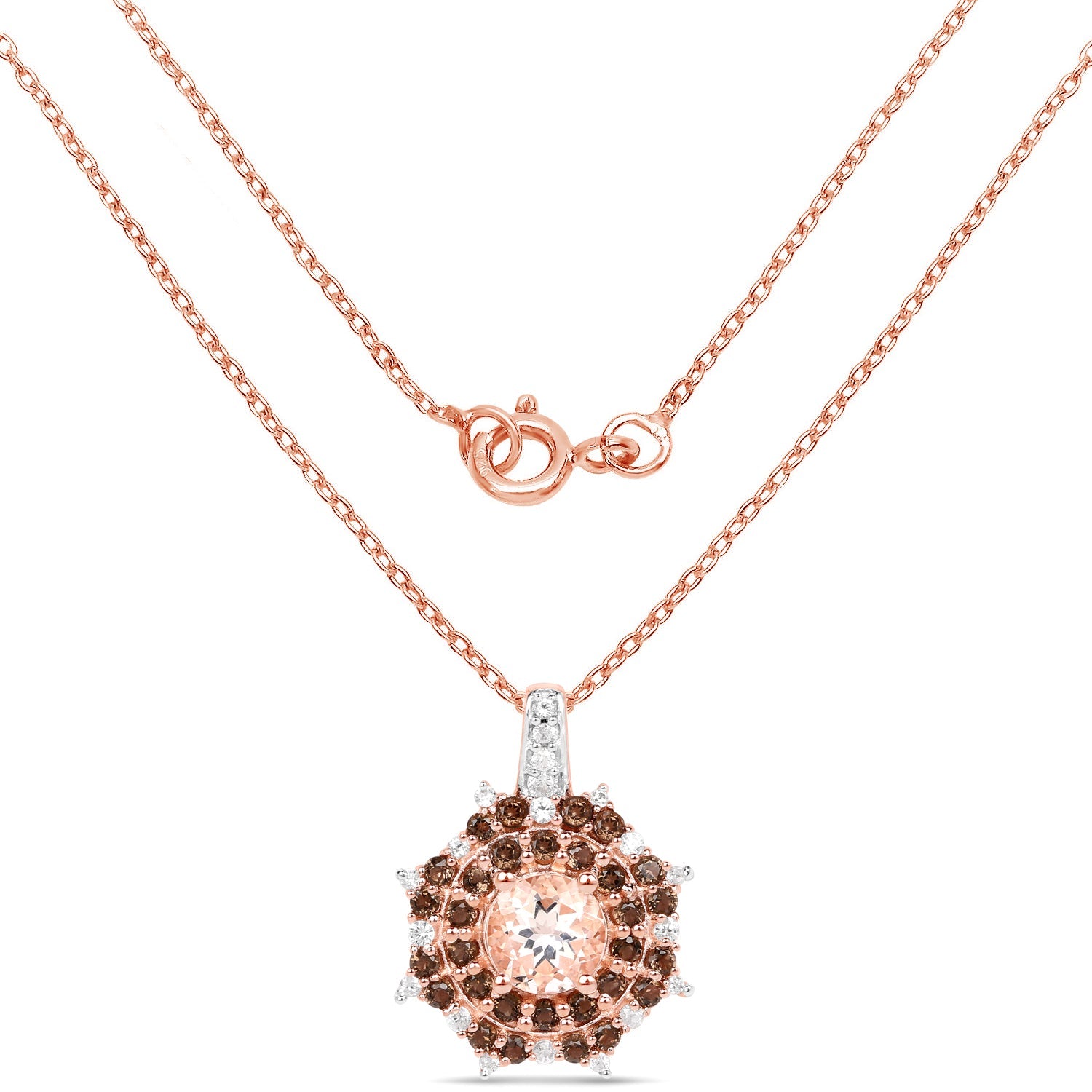 18K Rose Gold Plated 1.61 Carat Genuine Morganite, Smoky Quartz and White Zircon .925 Sterling Silver Pendant