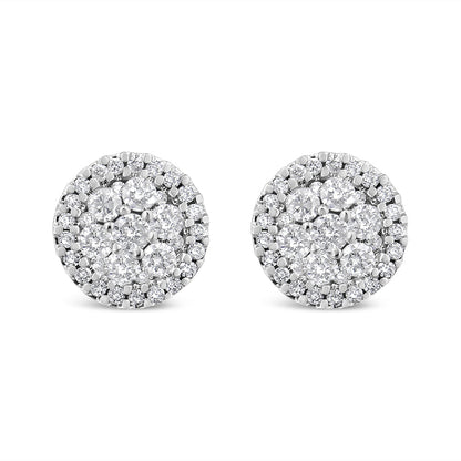 AGS Certified 14K White Gold 1.0 Cttw Brilliant-Cut Diamond Halo-Style Cluster Round Button Stud Earrings (G-H Color, I1-I2 Clarity)