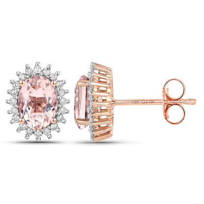 1.61 Carat Genuine Morganite and White Diamond 14K Rose Gold Earrings