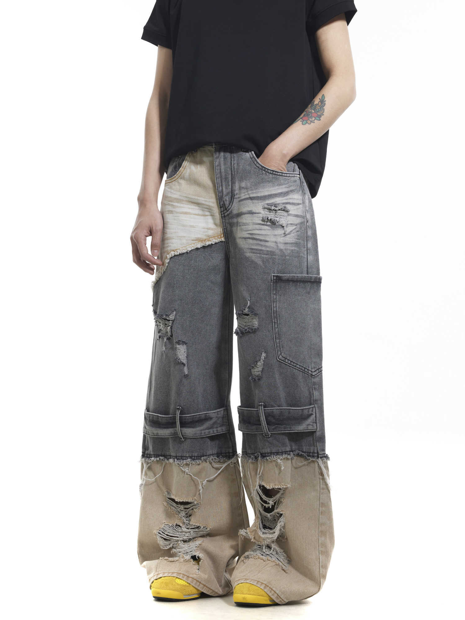 Niche Heavy Industry Washed Damaged Stitching Skinny Jeans