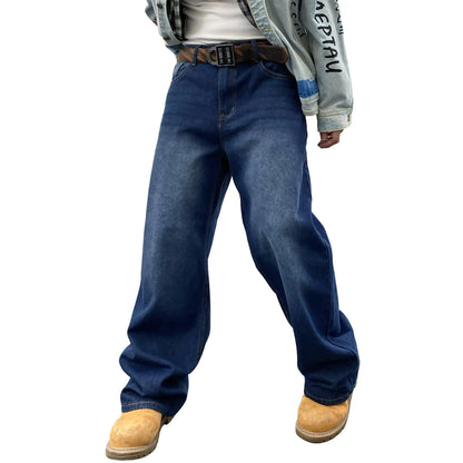Mens Baggy Jeans Y2K Streetwear Empires Pants Wide Leg Hip Hop Extra Loose Fit for Skater Denim Long Casual Trousers(5002-Dark Blue-L)