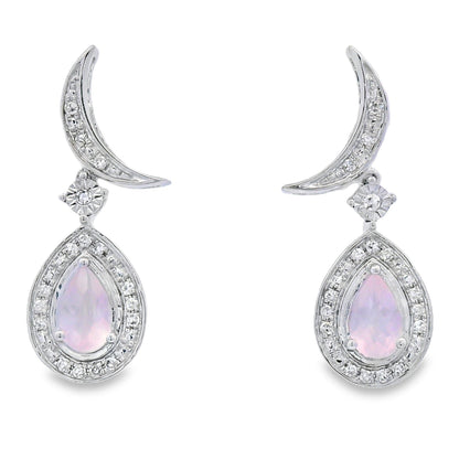 Rose Quartz Diamond Dangle Earrings 10KT White Gold
