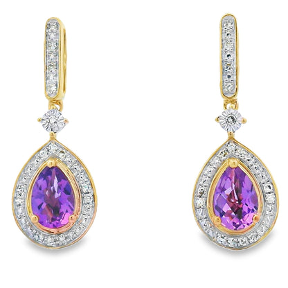 .88ct Amethyst Diamond Dangle Earrings 10KT Yellow Gold