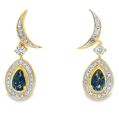 London Blue Topaz Dangle Earrings 10KT Yellow Gold