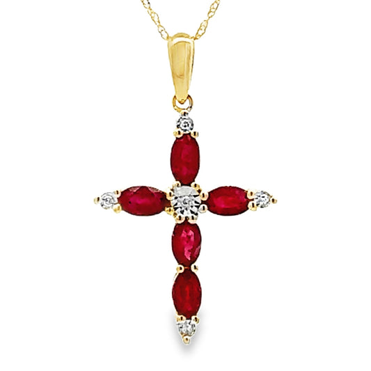 Ruby Diamond Cross Religious Pendant 10KT Yellow Gold