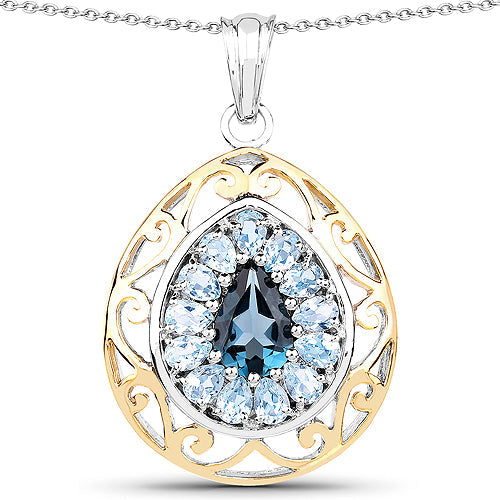 18K Yellow Gold Plated 4.44 Carat Genuine London Blue Topaz and Blue Topaz .925 Sterling Silver Pendant