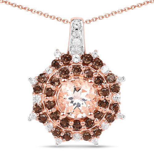 18K Rose Gold Plated 1.61 Carat Genuine Morganite, Smoky Quartz and White Zircon .925 Sterling Silver Pendant