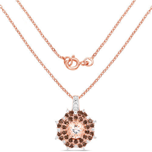 18K Rose Gold Plated 1.61 Carat Genuine Morganite, Smoky Quartz and White Zircon .925 Sterling Silver Pendant