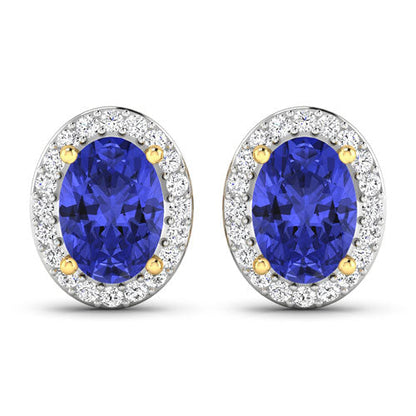 1.50 Carat Genuine Tanzanite and White Diamond 14K Yellow Gold Earrings
