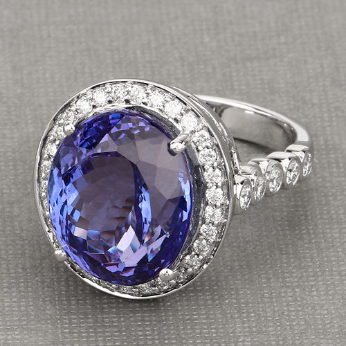 18.50 Carat Genuine Tanzanite and White Diamond 18K White Gold Ring