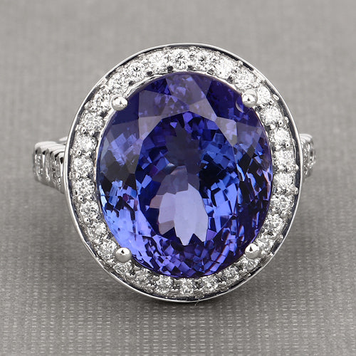 18.50 Carat Genuine Tanzanite and White Diamond 18K White Gold Ring