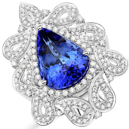 11.68 Carat Genuine Tanzanite and White Diamond 18K White Gold Ring