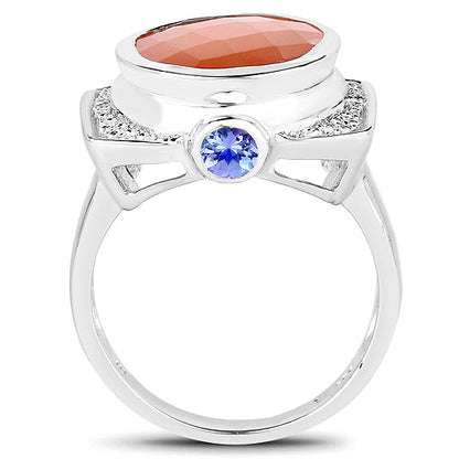 5.99 Carat Genuine Peach Moonstone, Tanzanite and White Topaz .925 Sterling Silver Ring