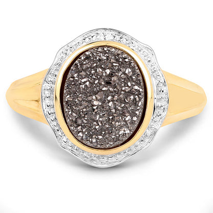 14K Yellow Gold Plated 4.50 Carat Genuine Drusy Quartz .925 Sterling Silver Ring