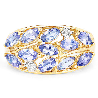 14K Yellow Gold Plated 1.56 Carat Genuine Tanzanite and White Topaz .925 Sterling Silver Ring