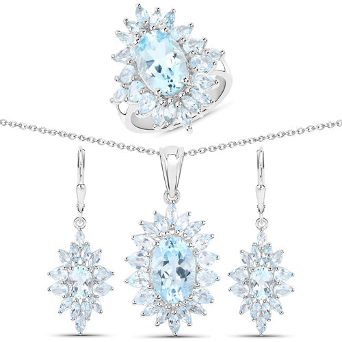 19.18 Carat Genuine Blue Topaz .925 Sterling Silver 3 Piece Jewelry Set (Ring, Earrings, and Pendant w/ Chain)